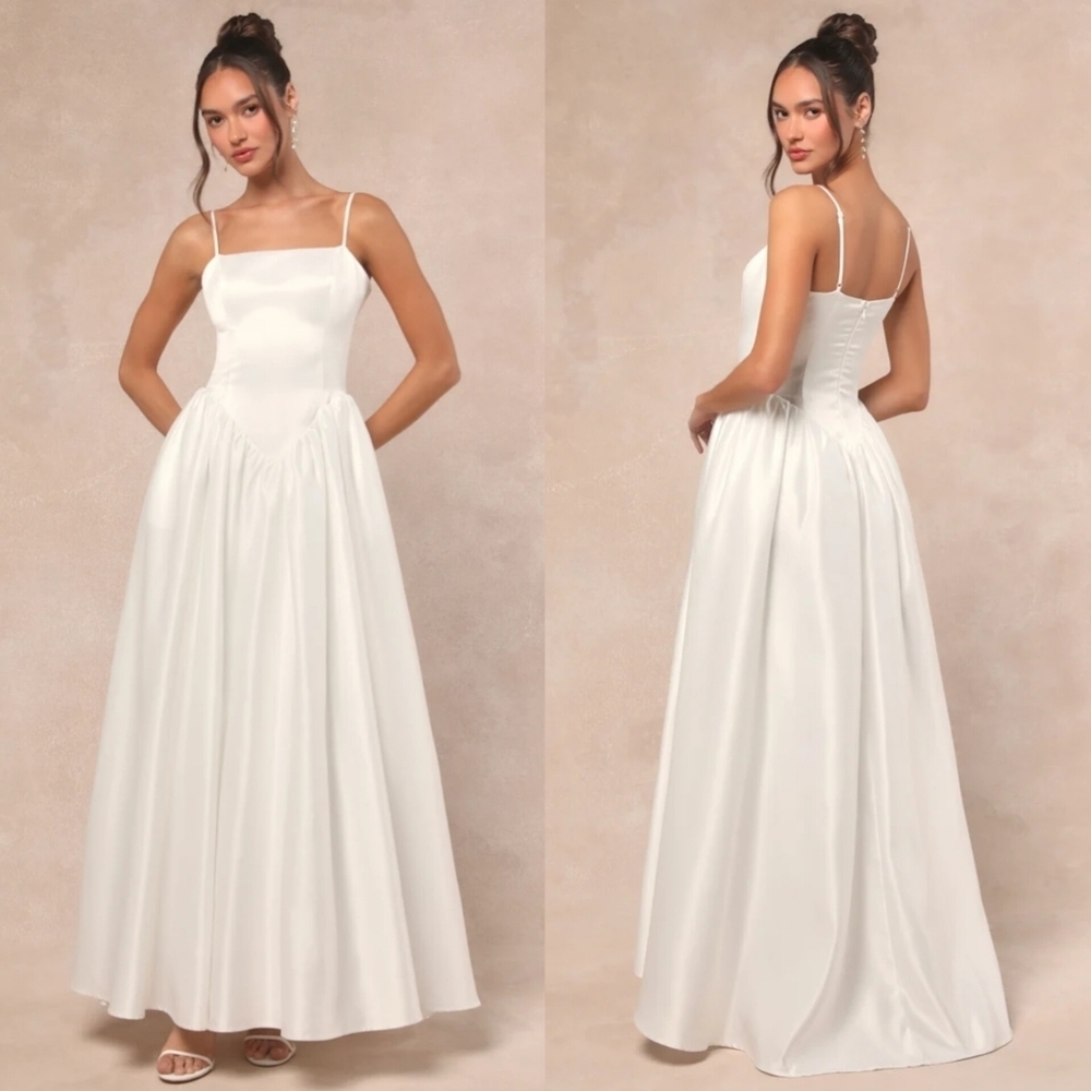Lulus Bria White Basque Waist Maxi Dress  Wedding Party Feminine Elegant NWT